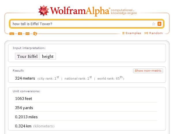 Wyniki w Wolfram Alfa dla zapytania: Jak wysoka jest wieża Eiffla?
